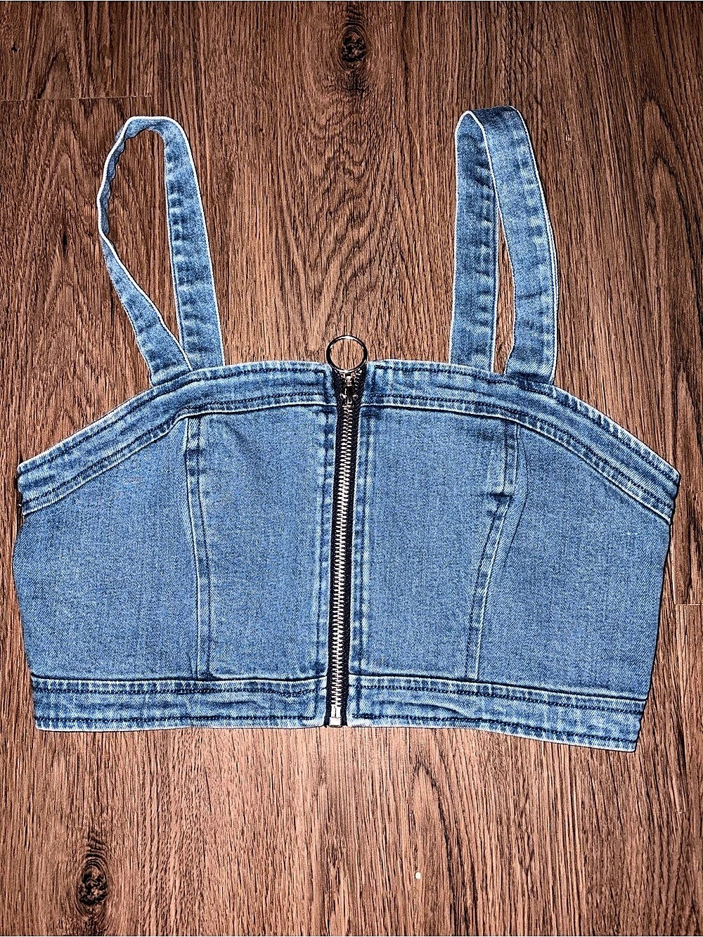 Forever 21 Denim Bustier Crop Top Size Small Front Zip Y2K